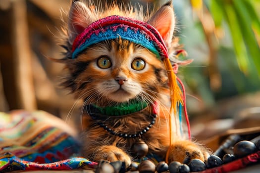 Kitten with headband and beads. Generative AI.