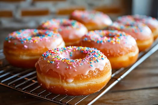 Rack of donuts with sprinkles. Generative AI.