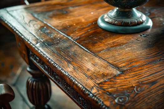 Close up of old wooden table. Generative AI.