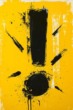 A black and yellow sign with a question mark in the middle. The sign is splattered with paint and has a messy appearance. The concept of the sign is to convey a sense of urgency or warning. Generative AI