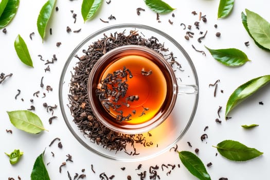 Cup of tea with leaves surrounding it. Generative AI.
