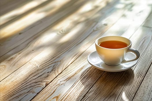 A white cup of tea sits on a wooden table. The cup is placed on a saucer, and the table is made of wood. Concept of relaxation and comfort. Generative AI