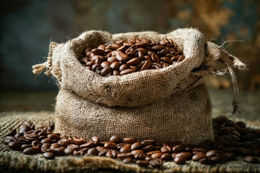 Coffee beans in sack on wooden table. Generative AI.