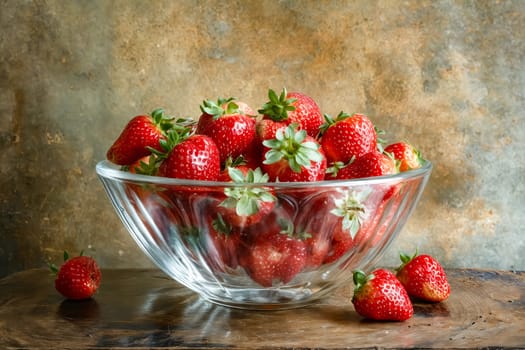 Bowl of strawberries on wooden table. Generative AI.
