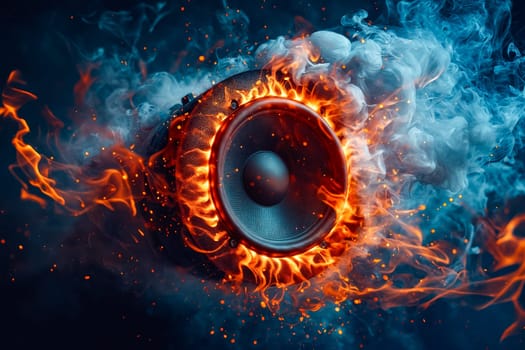 Speaker with fire and smoke on it. Generative AI.