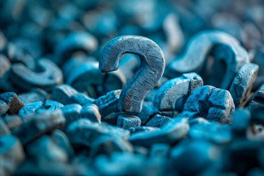 A pile of blue rocks with a question mark on top. Concept of curiosity and wonder, as the question mark is placed on top of the rocks, which are scattered around the scene. Generative AI