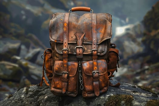 A brown leather backpack with a chain strap sits on a rock. The backpack is old and worn, with a rugged appearance. Concept of adventure and exploration. Generative AI