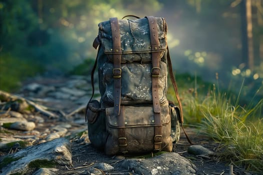 A dirty backpack is sitting on a rocky path. The backpack is old and worn, with a brown strap. The scene is set in a forest, with trees in the background. Scene is somewhat melancholic. Generative AI