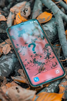 A phone with a question mark on it is laying on a pile of leaves. Scene is somewhat mysterious and contemplative. Generative AI