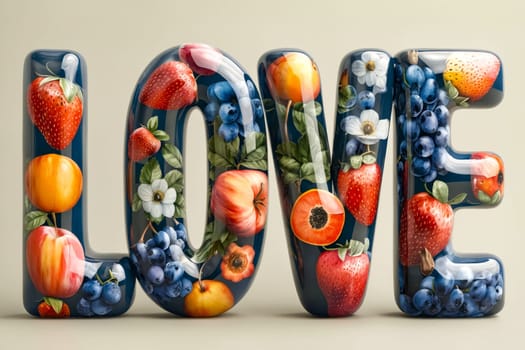 Large letter shaped word love with fruit on it. Generative AI.