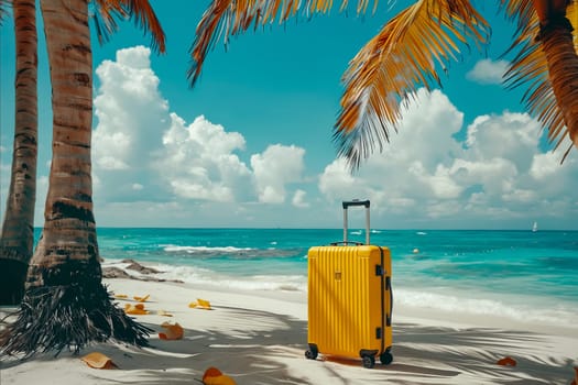 A yellow suitcase is sitting on the beach next to a palm tree. The scene is bright and cheerful, with the sun shining down on the sand and the water. The suitcase is open, revealing its contents. Generative AI