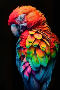 Colorful parrot with its feathers on black. Generative AI.