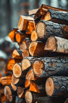 Pile of wood in forest. Generative AI.