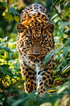 Leopard walking through the jungle. Generative AI.