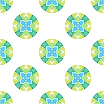 Watercolor medallion seamless border. Green symmetrical boho chic summer design. Textile ready fabulous print, swimwear fabric, wallpaper, wrapping. Medallion seamless pattern.