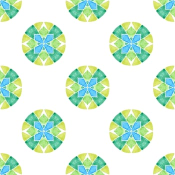 Watercolor medallion seamless border. Green symmetrical boho chic summer design. Textile ready fabulous print, swimwear fabric, wallpaper, wrapping. Medallion seamless pattern.