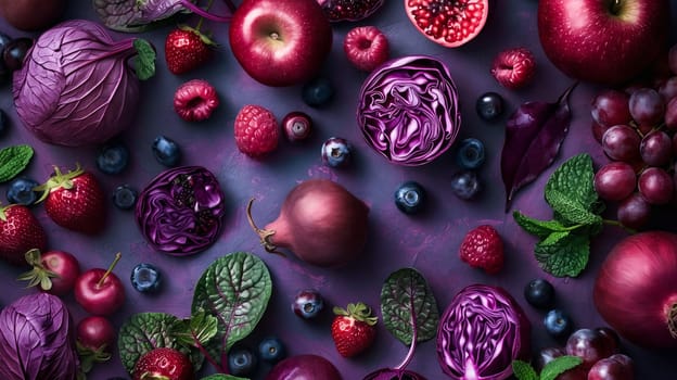 A colorful assortment of fruits and vegetables, including apples, pears, grapes, and raspberries, are arranged on a purple background. Concept of abundance and freshness, showcasing the vibrant colors. Generative AI