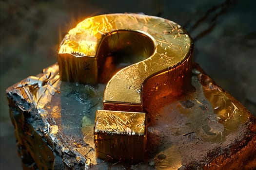 A gold question mark is on top of a rock. The rock is dirty and has a rough texture. Generative AI