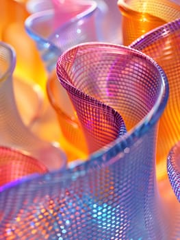 A close up of various translucent plastic drinkware in shades of purple, orange, violet, and magenta. The light highlights the fluid inside, resembling automotive lighting