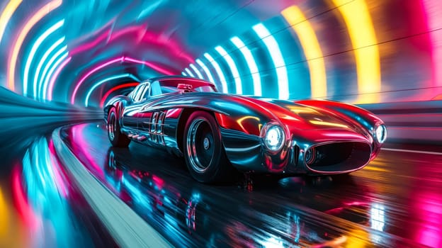 Car driving through tunnel with colorful lights. Generative AI.