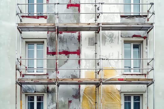 Building with scaffolding and windows. Generative AI.
