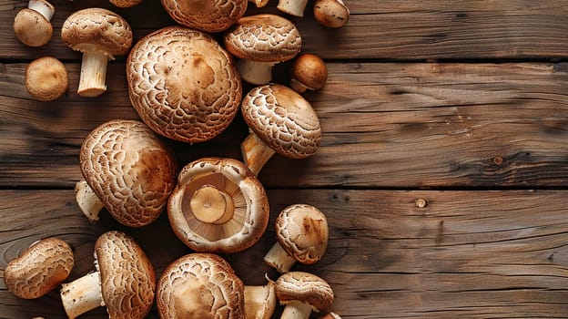 Top view of fresh champignon mushrooms on a wooden surface with space for text.