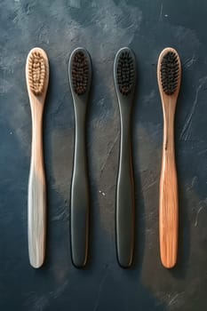 Four different types of wooden toothbrushes on dark surface. Generative AI.