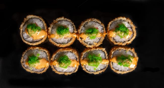 rolls isolated on black background. Photo for the menu