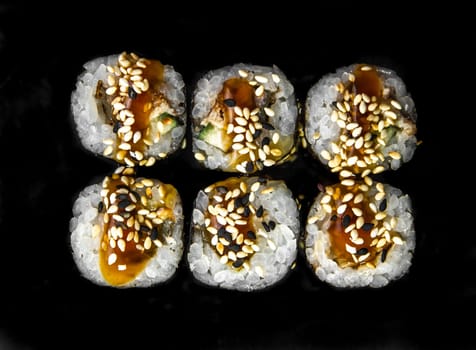 rolls isolated on black background. Photo for the menu