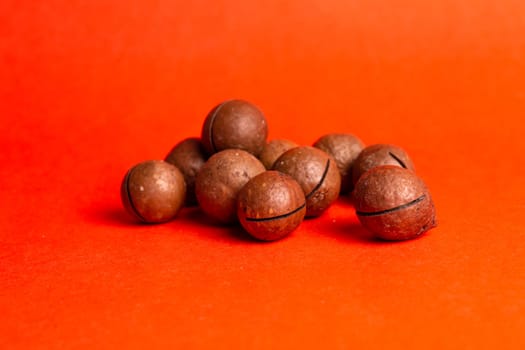 healthy macadamia nut for health on a red background.