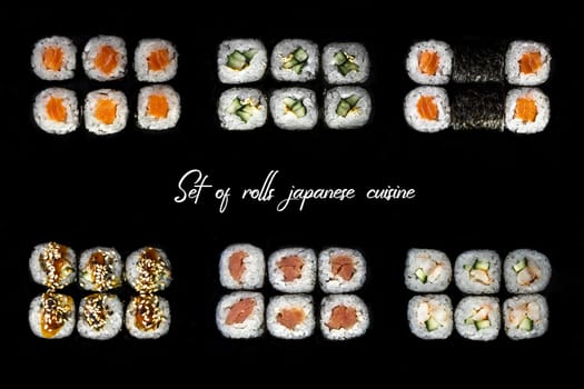 a set of rolls and sushi on a black background. 6 types of sushi rolls.