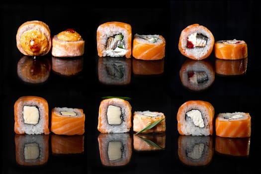 a set of rolls and sushi on a black background. japanese roll set.