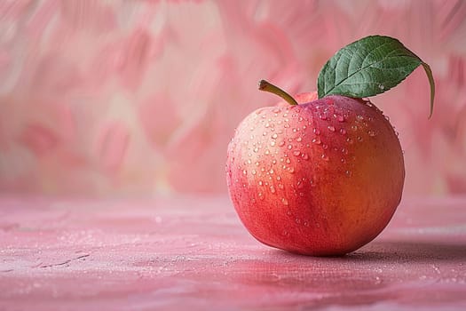 Close-up of a ripe juicy peach with a leaf on a pink background.