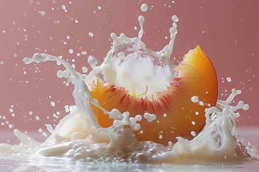 A slice of peach in a splash of milk on a pink background. Peach yogurt or milkshake.