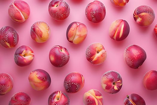 Ripe juicy peaches on a pink background, top view. Horizontal background.