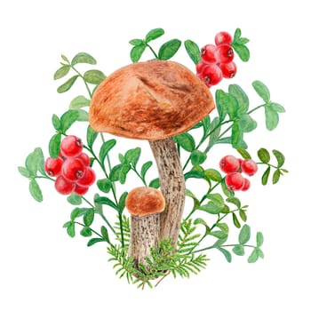 Watercolor hand drawn compostion of forest wild berries and mushroom. Realistic botanical illustration of red juisy cranberry and boletus. Great for printing on fabric, postcards, invitations, menus, book of recipes, labels, stickers