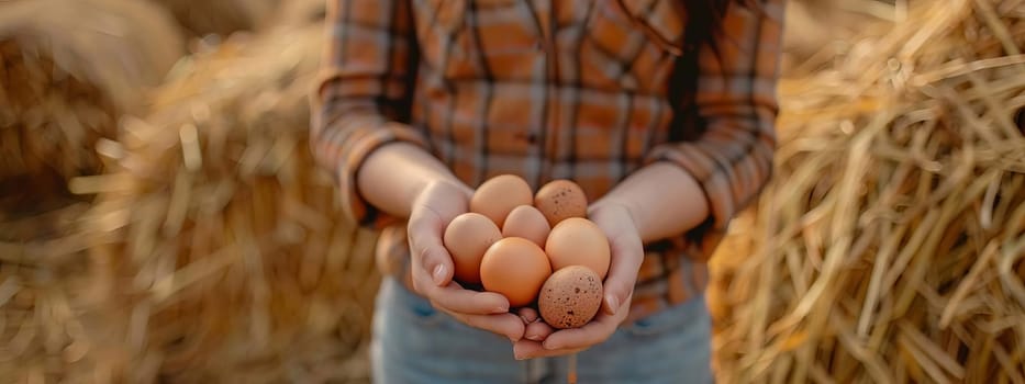 a woman holds chicken eggs in her hands against the background of chickens. farm, Generative AI,