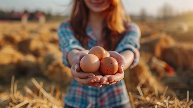 a woman holds chicken eggs in her hands against the background of chickens. farm, Generative AI,