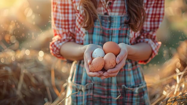 a woman holds chicken eggs in her hands against the background of chickens. farm, Generative AI,