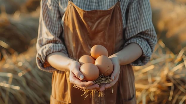 a woman holds chicken eggs in her hands against the background of chickens. farm, Generative AI,