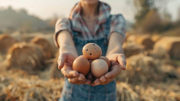 a woman holds chicken eggs in her hands against the background of chickens. farm, Generative AI,