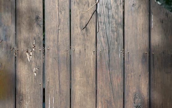 Textural background of wooden panels an old fence with a clear pattern of wood. A row evenly spaced rough brown timber planks used as a garden fence, Old natural wooden plank background texture, Space for text, Selective focus.