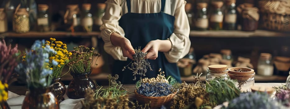A woman holds medicinal herbs in her hands. Selective focus. Nature. Generative AI,