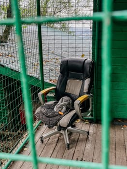 The rabbit is sitting in a retro-style black office chair on a wooden terrace with a beautiful view.