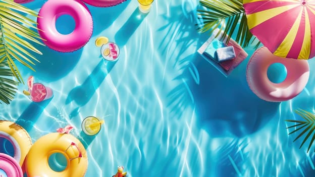 An aqua swimming pool with colorful floats and drinks, surrounded by greenery and azure skies. A relaxing leisure event with vibrant textile patterns and petal art AIG50