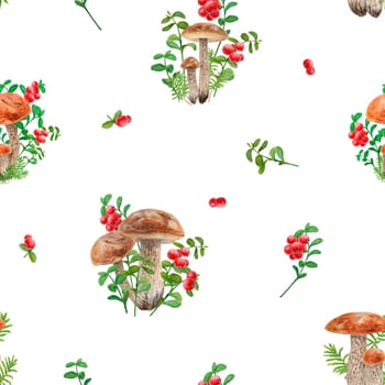 Wild mushrooms, red wild berries watercolor seamless pattern. Hand drawn botanical realistic ornament. Forest boletus and cranberry botanical motif for printing on fabric, packing paper, wallpaper.