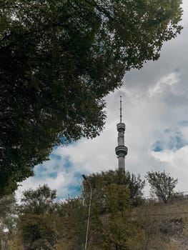 This captivating image depicts a majestic tower amidst lush trees under a clear blue sky, creating a serene and tranquil atmosphere.