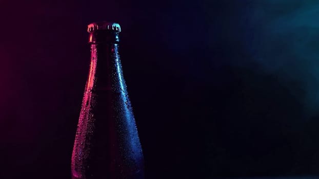 Beer bottle spinning in blue pink smoke