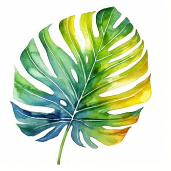 Tropical watercolor palm leaf, jungle flora. Isolated on white background. Generated AI.