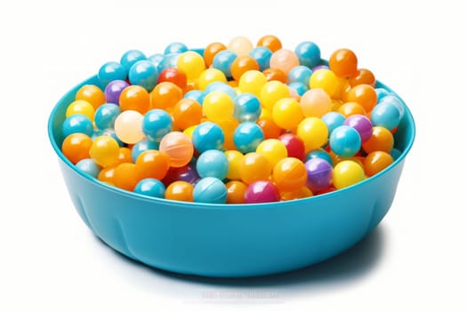 Kiddie soft pool full of colorful plastic balls isolated on white background. Generated AI.